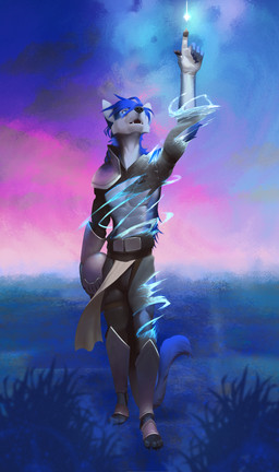 abs anthro armor athletic black_nose blue_eyes blue_hair cheek_tuft clothing detailed_background facial_tuft footwear foreground_silhouette front_view furgonomic_footwear furgonomics gesture hair hand_gesture headgear helmet holding_armor holding_headgear holding_helmet holding_object looking_up magic male male_anthro open_mouth outside pecs plantigrade pointing pointing_up solo standing tuft undressing_self korichi canid canine canis mammal wolf cool_colors full-length_portrait hi_res portrait