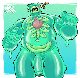 balls belly bone genitals green_body heart_(organ) looking_at_viewer male male_humanoid not_furry nude organs pelvis penis rib_cage simple_background slime solo translucent translucent_body visible_skeleton yellow_eyes arkyhorny doug_(monster_con) goo_creature goo_creature_with_bones goo_humanoid humanoid hi_res