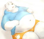 anthro belly black_nose bottomwear clothed clothing eyes_closed humanoid_hands male navel open_clothing open_shirt open_topwear overweight overweight_anthro overweight_male shirt shorts simple_background solo topwear white_background maron2475 utau shirane_kan bear mammal polar_bear ursine 2018