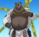 anthro belly big_belly black_nose bottomwear brown_body clothed clothing male moobs navel nipples open_clothing open_shirt open_topwear overweight overweight_male pants scar shirt solo topwear riseson mihoyo zenless_zone_zero ben_bigger bear mammal 2022 hi_res