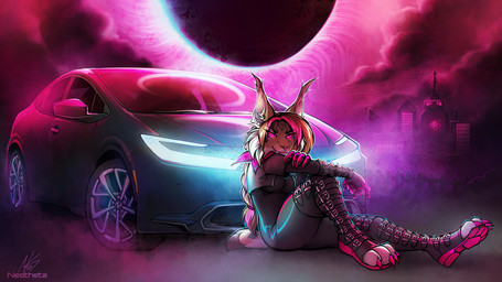 anthro boots breasts brown_body brown_fur brown_hair car clothed clothed_anthro clothed_female clothing facial_piercing female footwear fur furgonomic_piercing furgonomics gloves glowing glowing_eyes hair handwear highlights_(coloring) legwear long_hair looking_at_viewer multicolored_hair muzzle_piercing nose_piercing piercing pink_eyes pink_highlights pink_toe_claws pose shoes solo tail thigh_boots thigh_highs toeless_boots toeless_footwear two_tone_hair vehicle neotheta toyota_prius zaide_(ashkelling) felid feline lynx mammal 2025 hi_res