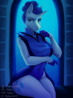 anthro anthrofied blue_clothing blue_dress blue_eyebrows blue_eyes blue_hair bottomless bottomless_anthro bottomless_female clothed clothing cutie_mark dress eyebrows female fur hair hair_bun horn inside looking_at_viewer night sitting small_waist solo thick_thighs white_body white_fur valeris friendship_is_magic hasbro my_little_pony mythology rarity_(mlp) equid equine mammal mythological_creature mythological_equine unicorn 2024 colored digital_drawing_(artwork) digital_media_(artwork) hi_res shaded