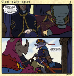 4_fingers anthro border checkpoint clothed clothed_anthro clothed_female clothed_male clothing countershade_face countershading dialogue eyebrows female female_anthro fingers fully_clothed fully_clothed_anthro fully_clothed_male gloves group guardsmen handwear hat_feather headdress headgear headwear inside light_body light_skin loose_feather male male_human narrowed_eyes nobleman orange_eyes outside page_number pillow reading_scroll reins riding riding_horse saddle scroll sitting smile snout speech_bubble standing text title sir_paulus lisabeth_(lord_paulus) pavel_(sir_paulus) canid canine canis equid equine fox horse human mammal rhinoceros wolf comic english_text hi_res