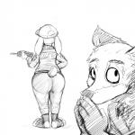 1:1 anthro big_butt black_and_white butt canid canine clothed clothing disney duo electronics female fox fully_clothed hat headgear headwear hi_res hladilnik judy_hopps lagomorph leporid male mammal monochrome nick_wilde police police_uniform rabbit rear_view red_fox true_fox uniform walkie-talkie zootopia