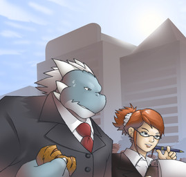 anthro bagel blue_eyes bodily_fluids bread city_planning_department clothing detailed_background duo eyewear female food glasses hair holding_object holding_pen holding_writing_utensil pen red_hair short_hair suit sweat teeth white_hair writing_utensil greenendorf greening mythology dragon human mammal mythological_creature mythological_scalie scalie