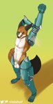 animal_genitalia anthro cybernetics dieselpunk genitals machine male prosthetic prosthetic_limb sheath solo stretching viola_bat canid canine fox mammal absurd_res hi_res