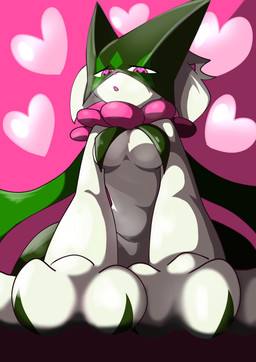 anthro breast_curtains breasts claws female female_anthro finger_claws flower_(anatomy) fur green_body green_fur heart_eyes heart_symbol looking_at_viewer looking_down looking_down_at_viewer low-angle_view mask medium_breasts pink_background pink_eyes pink_nose simple_background solo meowscaradameow nintendo pokemon generation_9_pokemon meowscarada pokemon_(species) 2026 hi_res