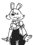 anthro clothing female hair hair_over_eye latex latex_clothing latex_skinsuit one_eye_obstructed rubber_clothing skinsuit solo sweater tight_clothing topwear pepperchan happie_(character) lagomorph leporid mammal rabbit black_and_white low_res monochrome