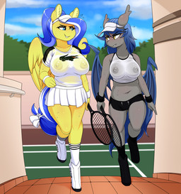 5_fingers accessory anthro anthrofied areola bat_wings big_breasts blue_eyes blue_hair blush bodily_fluids bottomwear bow_(feature) bow_accessory bow_ribbon breast_size_difference breasts clothed clothing cloud detailed_background duo erect_nipples exposed_breasts eye_contact eyebrows eyelashes fangs feathered_wings feathers female fingers footwear fully_clothed furgonomics grey_areola grin hair hat headgear headwear holding_object hooves inner_ear_fluff legwear looking_at_another membrane_(anatomy) membranous_wings multicolored_hair navel nipples no_bra outside pupils ribbons shirt shoes shorts skirt sky slit_pupils smile sneakers socks sport sweat sweatband tail tail_accessory tail_bow tail_ribbon teeth tennis tennis_court tennis_racket topwear translucent translucent_clothing tuft two_tone_hair walking wet wet_clothing wet_shirt wet_topwear white_hair wings yellow_areola yellow_body yellow_eyes yellow_feathers replica_(artist) hasbro lacoste my_little_pony mythology fan_character lemon_frost_(oc) racket_rhine bat_pony equid equine mammal mythological_creature mythological_equine pegasus 2018 hi_res portrait