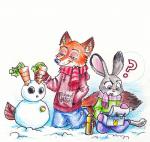 anthro barefoot claws clothing duo feet female fur green_eyes hand_in_pocket handwear hoodie inner_ear_fluff kneeling lunchbox male mittens outside pockets purple_eyes question_mark scarf simple_background size_difference smile snow snowman surprise thermos toe_claws topwear tuft white_background winter penmark disney zootopia judy_hopps nick_wilde canid canine fox lagomorph leporid mammal rabbit red_fox true_fox 2016 hi_res