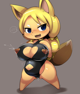 anthro barefoot big_breasts blonde_hair blush bodily_fluids breasts camel_toe chibi clothing cute_fangs cutout fangs feet female gold_(metal) gold_jewelry grey_background hair jewelry lactating leotard navel nipple_cutouts nipples pregnant pregnant_female projectile_lactation purple_eyes simple_background smile solo teeth obikuragetyan canid canine fox mammal 2021 hi_res