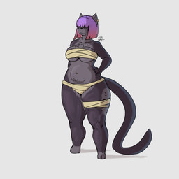 5_fingers anthro bandeau bangs big_breasts biped bob_cut bottomwear breasts chest_wraps clothed clothing countershade_fur countershade_torso countershading ear_piercing female female_anthro fingers front_view fully_clothed fur gradient_hair grey_body grey_fur hair hair_over_eyes hand_on_hip humanoid_hands midriff monotone_background navel navel_piercing piercing purple_hair simple_background solo standing tail text thick_thighs topwear under_boob white_background wide_hips wraps alihsart akula_(alihsart) domestic_cat felid feline felis mammal artist_name digital_drawing_(artwork) digital_media_(artwork) hi_res signature