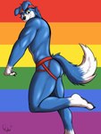 anthro anthrofied blue_body blue_fur blue_skin butt claws clothing fur jockstrap kerchief lgbt_pride looking_at_viewer male muscular muscular_anthro muscular_male pride_color_background pride_colors rainbow_pride_colors simple_background six-stripe_rainbow_pride_colors smile solo underwear white_body white_fur white_skin yellow_eyes rufusinuzuka bandai_namco digimon canid canine canis digimon_(species) domestic_dog gaomon mammal 3:4 absurd_res hi_res