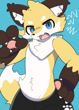 4_fingers annoyed anthro black_nose blue_eyes brown_markings cheek_tuft claws clothed clothing cute_fangs dipstick_tail facial_tuft fangs fingers fur hand_on_hip head_tuft inner_ear_fluff kemono looking_at_viewer male markings open_mouth snout solo tail tail_markings teeth topless tuft white_body white_claws white_fur yellow_body yellow_fur mujimuji1010 canid canine fox mammal absurd_res cel_shading colored digital_drawing_(artwork) digital_media_(artwork) hi_res shaded