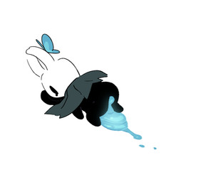 2_horns ambiguous_gender biped black_body black_eyes bodily_fluids butt clothing empty_eyes feral horn lifeblood on_ground simple_background solo tears white_background white_body dog_phenomenon hollow_knight_(franchise) team_cherry the_knight_(hollow_knight) arthropod vessel_(species) hi_res