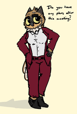 anthro beak belt bottomwear breasts brown_body clothed clothing dialogue feathers female flirting fully_clothed fur greying_hair hand_in_pocket hands_on_hips looking_at_viewer mature_anthro mature_female non-mammal_breasts open_mouth pockets shirt simple_background smile solo standing suit tail tail_feathers text topwear white_body white_fur bizart elaine_(bizart) avian bird owl 2025 aliasing digital_media_(artwork) english_text hi_res