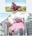 ambiguous_gender anthro city city_destruction cityscape clothing destruction dipstick_tail extreme_size_difference licking_floor macro markings open_mouth running_away size_difference tail tail_markings tail_motion tailwag teeth tongue tongue_out jarethnerl canid canine canis domestic_dog mammal hi_res