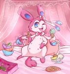 bed bodily_fluids cookie curtains dessert doughnut eating female feral food furniture ice_cream looking_at_viewer multi_nipple nipples one_eye_closed overeating pastry ribbons saliva slightly_chubby solo stuffing sundae tongue tongue_out wink jahoge nintendo pokemon canid canine eeveelution generation_6_pokemon mammal pokemon_(species) sylveon pink_theme