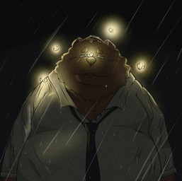 anthro belly big_belly brown_body clothing male necktie night outside overweight overweight_male raining shirt solo topwear sr_panda_86 bear mammal 2022