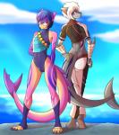 anthro bandage beach clothed clothing curvy_figure detailed_background duo eyewear feet female glasses island muscular one-piece_swimsuit outside pose sand sea seaside sky slim swimwear tight_clothing water marik_azemus34 cetana setra fish marine shark absurd_res full-length_portrait hi_res portrait