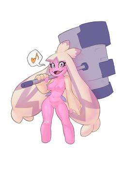 areola band-aid band-aid_on_knee band-aid_on_leg bandage blush blush_stickers breasts female front_view genitals grey_eyes hammer holding_hammer holding_object holding_tool holding_weapon looking_at_viewer musical_note musical_symbol navel nipples nude open_mouth open_smile pink_areola pink_body pink_nipples pokemorph pseudo_hair pubes simple_background smile solo speech_bubble symbol tan_body thick_thighs tools vulva weapon white_background wide_hips tofuchenco nintendo pokemon generation_9_pokemon humanoid pokemon_(species) tinkaton absurd_res hi_res