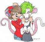 alternative_fashion anthro brown_hair clothed clothing colored_nails duo female glamfur green_eyes green_hair hair jewelry looking_at_viewer nails necklace notched_ear simple_background smile tail white_background zeriara aardman_animations dreamworks flushed_away mammal murid murine rat rodent 2007