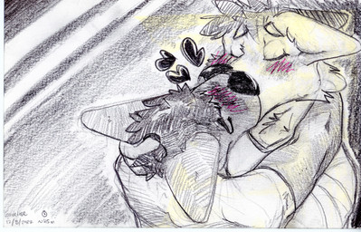 ambiguous_gender anthro anthro_on_anthro athletic biped black_hair black_nose blush blush_lines blushing_profusely bodily_fluids border chest_tuft clothed clothing duo ears_back ears_down eyebrows eyes_closed french_kissing fur grey_body grey_fur hair happy hat headgear headwear heart_symbol hug intimate kiss_on_lips kissing larger_male light looking_pleasured love making_out male male/male muscular muscular_anthro muscular_male neck_tuft open_mouth passionate pivoted_ears romantic romantic_ambiance romantic_couple shirt short_hair simple_background size_difference smile snout text topwear tuft white_body white_border white_fur zaverose mythology canid canine canis domestic_dog german_shepherd herding_dog mammal mythological_creature pastoral_dog wolf absurd_res black_and_white digital_media_(artwork) english_text graphite_(artwork) greyscale hi_res monochrome restricted_palette shaded signature sketch traditional_media_(artwork)