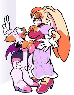 anthro big_ears blush boots clothed clothing duo female female/female flirting footwear grin half-closed_eyes in_awe looking_at_another membrane_(anatomy) membranous_wings narrowed_eyes shoes simple_background size_difference smile surprise white_boots white_clothing white_footwear wings galactabee sega sonic_the_hedgehog_(series) rouge_the_bat vanilla_the_rabbit bat lagomorph leporid mammal rabbit hi_res