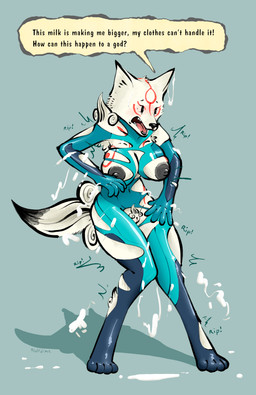 anthro anthrofied areola arm_tuft armpit_hair armpit_tuft big_breasts black_eyes black_lips black_nipples black_nose blush body_hair breasts clothing cosplay crossover_cosplay dialogue embarrassed expansion eyebrows eyelashes female fur genitals growth humanoid_hands lips markings milk milk_transformation navel_outline nipples open_mouth pubes red_markings ripping_sound_effect shoulder_tuft simple_background skinsuit solo speech_bubble standing stylized_pubes tail teeth text thick_thighs tight_clothing torn_clothing torn_skinsuit transformation tuft vulva wardrobe_malfunction white_body white_fur zero_suit half_dime capcom metroid nintendo okami_(capcom) amaterasu_(okami) samus_aran canid canine canis mammal wolf absurd_res crossover english_text hi_res