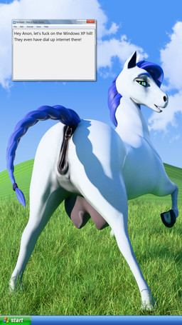 animal_genitalia animal_vulva anus big_teats blur_hair crotch_breasts dialogue equine_anus equine_genitalia equine_vulva female female_feral feral fur genitals grass green_eyes looking_at_viewer looking_back looking_back_at_viewer operating_system outside plant puffy_anus solo teats text vulva white_body white_fur whorse_3d microsoft microsoft_windows windows_xp equid equine horse mammal 3d_(artwork) absurd_res digital_media_(artwork) hi_res