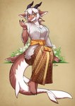 anthro big_tail bracelet female flower hair horn jewelry plant short_hair simple_background sitting solo tail white_hair auveiss mythology dragon fish hybrid marine mythological_creature mythological_scalie scalie shark digital_media_(artwork) hi_res signature