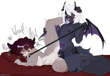 anthro anthro_on_anthro anthro_penetrated anthro_penetrating anthro_penetrating_anthro bdsm bed big_penis blue_eyes breasts collar duo eyewear facial_piercing female female_anthro female_penetrated femboy furniture genitals glasses grey_body hair horn kneeling leash leash_pull leashed_collar lying male male/female male_anthro male_penetrating male_penetrating_female membrane_(anatomy) membranous_wings nipple_piercing nipples nose_piercing nose_ring nude nude_anthro nude_female nude_male on_side open_mouth penetration penile penile_penetration penis penis_in_vagina petplay piercing pillow puppyplay ring_piercing roleplay sex simple_background tan_body thick_thighs thrusting vaginal vaginal_penetration vulva wearing_glasses white_background white_hair wings womb_tattoo woof_(sound_effect) krapekk mythology canid canid_demon canine canis demon domestic_dog hellhound mammal mythological_canine mythological_creature hi_res