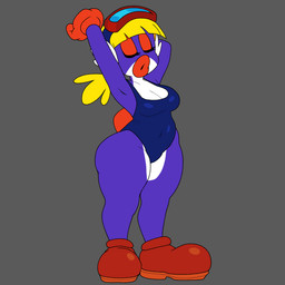 anthro anthrofied big_butt blonde_hair breasts butt cleavage clothed clothing eyewear eyewear_on_head female fin footwear gloves goggles goggles_on_head hair handwear lips multicolored_body navel_outline non-mammal_breasts one-piece_swimsuit raised_arm shoes slightly_chubby slightly_chubby_anthro slightly_chubby_female solo stretching swimwear thick_thighs wide_hips kerotheklutz fan_character zee_(raunchyriot) aquatic cheep_cheep fish 1:1 digital_media_(artwork) hi_res