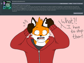 5_fingers anthro ask_blog black_eyebrows black_eyes black_nose brown_body brown_fur clothing ear_markings exclamation_point eyebrows facial_markings facial_tuft fingers front_view fur gloves_(marking) grey_clothing grey_topwear hand_on_head head_markings hoodie looking_at_viewer male markings multicolored_body multicolored_fur open_mouth orange_body orange_fur pink_background pink_tongue question red_clothing red_topwear scared shirt simple_background solo sweatshirt teeth text tongue topwear tuft white_body white_fur batspid2 max_(batspid2) canid canine fox mammal 2018 4:3 digital_drawing_(artwork) digital_media_(artwork) english_text flat_colors