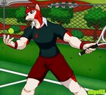 5_fingers anthro athletic_wear ball blue_eyes bottomwear clothing fence fingers garden grass gym_bottomwear gym_shorts hair hedge male muscular plant red_body red_hair shorts shrub solo sport sportswear tennis tennis_ball tennis_court tennis_racket tree white_body wristband angelfs canid canine canis domestic_dog husky mammal nordic_sled_dog spitz hi_res