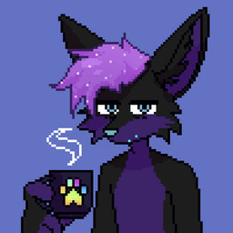 anthro beverage blue_eyes coffee coffee_mug cosmic_hair ethereal_hair male solo tired lminimall kitsunaki canid canine fox mammal 1:1 animated digital_media_(artwork) pixel_(artwork)