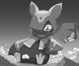 ambiguous_gender anthro cloak clothing cloud cowl day detailed_background duo heart_symbol hug macro outside pupils sitting smile unusual_pupils wings zeevee_(artist) bandai_namco digimon nintendo pokemon buizel chiropmon digimon_(species) generation_4_pokemon pokemon_(species) hi_res monochrome