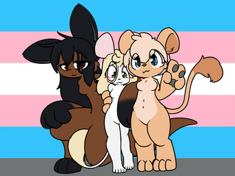 3_fingers 3_toes 4_fingers 5_toes anthro black_ears black_hair blonde_hair blonde_tail_tuft blue_eyes blush blush_lines breasts brown_body brown_eyes brown_fur brown_tail featureless_breasts featureless_crotch feet female female/female fingers fur gesture green_eyes group hair hand_gesture kneeling lgbt_pride looking_at_viewer multicolored_body multicolored_fur on_one_knee pink_ears pride_colors shy smile smiling_at_viewer standing tail tail_tuft tan_body tan_ears tan_fur tan_tail toes transgender_pride_colors trio tuft two_tone_body two_tone_fur v_sign white_body white_fur white_tail alator rikki_(alator) scribble_(alator) felid lion macropod mammal marsupial mouse murid murine pantherine rodent wallaby 4:3 colored digital_drawing_(artwork) digital_media_(artwork) flat_colors hi_res trans_(lore) trans_woman_(lore)