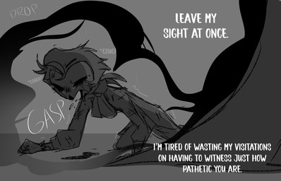 abuse adolescent anthro bodily_fluids child_abuse clothing cough crying dialogue duo formal_clothing formal_wear grey_background hair male simple_background tears text tied_hair walking_away white_text young teathekook hellaverse helluva_boss paimon_(helluva_boss) stolas_(helluva_boss) avian bird owl owl_demon english_text hi_res monochrome father_(lore) father_and_child_(lore) father_and_son_(lore) parent_(lore) parent_and_child_(lore) parent_and_son_(lore) son_(lore)