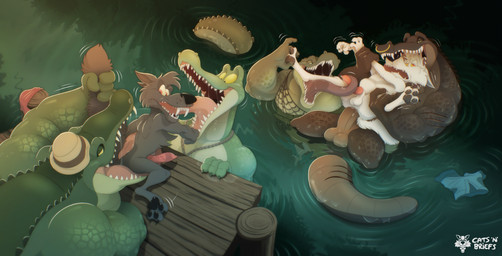 anal anal_penetration animal_genitalia animal_penis anthro balls belly big_belly canine_genitalia canine_penis clothing erection facial_piercing genitals group hat headgear headwear humanoid_genitalia humanoid_penis knot knotted_penis licking male male/male nose_piercing nose_ring overweight overweight_anthro overweight_male pawpads paws penetration penis piercing pond questionable_consent ring_piercing sharp_teeth sheath shirt skinny skinny_anthro skinny_male tail tail_grab teeth tongue tongue_in_mouth toony toony_expression topwear water catsnbriefs buckguard_(woofbad) pagil_(dogandwolffang) alligator alligatorid canid canine crocodilian mammal reptile scalie hi_res