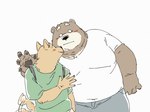 2023 4:3 anthro arm_around_shoulders bear belly big_belly black_nose blush bottomwear brown_body canid canine canis clothing domestic_dog duo hi_res humanoid_hands kemono male mammal overweight overweight_male pants pommn_mn shirt surprise topwear