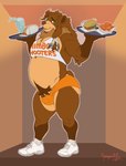 belly beverage brown_body brown_fur bulge burger butt chicken_wings clothing food fur green_eyes himbofication male overweight overweight_male pecs solo tight_clothing water spooperbeebutt himbo_hooters hooters kiaayo_(kiaayo) bear brown_bear grizzly_bear mammal ursine hi_res