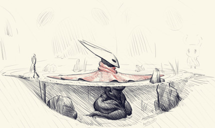 anthro black_body black_eyes breasts cloak cloak_only clothing empty_eyes female kneeling partially_submerged red_cloak red_clothing side_view solo thick_thighs white_body wide_hips anticuadoknight hollow_knight_(franchise) team_cherry hornet_(hollow_knight) arthropod insect hi_res