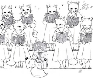 anthro biped book choir claws clothed clothing dress eyes_closed fangs feet female fur group holding_object kemono musical_note musical_symbol open_mouth pawpads paws simple_background singing sitting standing symbol teeth text whiskers white_background kyokyota canid canine domestic_cat felid feline felis fox mammal 2015 black_and_white hi_res monochrome