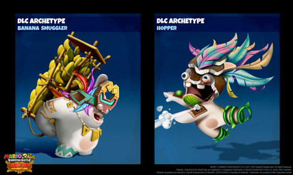 anthro armlet banana black_border blue_eyes bodypaint border brown_helmet buckteeth buckteeth_(lower_incisors) copyright_symbol duo featureless_legs food fruit fur gold_(metal) gold_armlet gold_jewelry gradient_background half-closed_eyes holding_object jewelry light long_ears male midair mitten_hands multicolored_body muscular muscular_anthro muscular_male narrowed_eyes necklace noseless open_mouth open_smile plant ranged_weapon red_tongue simple_background smile symbol tan_body tan_eyelids tan_inner_ear tan_skin teeth text tongue two_tone_body vines weapon white_body white_fur year claudia_tuci mario_bros mario_plus_rabbids_kingdom_battle nintendo raving_rabbids rayman_(series) ubisoft hopper_(mprkb) smuggler_(mario_plus_rabbids) lagomorph mammal rabbid 2018 absurd_res adobe_photoshop_(artwork) colored concept_art crossover digital_drawing_(artwork) digital_media_(artwork) english_description english_text hi_res lighting official_art shaded