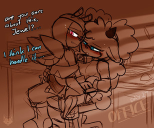 anthro bell blue_eyes blush bodily_fluids boots bottomwear chair clothing coat computer dialogue duo electronics erection female footwear furniture genitals gloves gynomorph gynomorph/female handwear horn intersex intersex/female long_ears office on_lap pants penis purple_eyes shirt shoes sitting_on_lap skirt sweat text topwear unbuttoned_shorts underwear vehicle wheelchair wings wolfofdiamonds idw_publishing sega sonic_the_hedgehog_(comics) sonic_the_hedgehog_(idw) sonic_the_hedgehog_(series) jewel_the_beetle lanolin_the_sheep_(sonic) arthropod beetle bovid caprine insect mammal sheep digital_media_(artwork) english_text hi_res