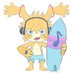 beach bottomwear clothing male seaside shorts solo surfboard swimming swimming_trunks swimwear young kitsune2000 bandai_namco digimon appmon_(species) digimon_(species) musimon 1:1 hi_res