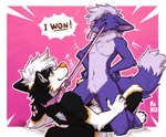 5_fingers anthro anthro_on_anthro arm_support arm_tuft bed bed_sheet bedding belly blue_eyes blue_pawpads breath cheek_markings cheek_tuft chest_markings chest_tuft claws clothing collar collar_only collar_pull colored_nails dark_body dark_fur diego_the_folf duo ear_tuft ears_down elbow_tuft eyes_closed facial_markings facial_tuft feet finger_claws fingers fluffy fluffy_hair fluffy_tail flustered flustered_male fur fur_markings fur_tuft furniture green_pawpads grey_body grey_fur hair head_markings heterochromia hindpaw holding_leg holding_partner holding_thigh inner_ear_fluff inside kneeling leaning_on_elbow leash leash_in_mouth leash_pull leashed_collar leashed_male looking_at_another lying lying_on_bed male male/male male_anthro male_on_top markings mouth_closed multicolored_body multicolored_fur nails nude object_in_mouth on_back on_bed on_elbow on_top orange_body orange_fur orange_nose panting pawpads paws pink_clothing pink_collar pink_leash pink_pawpads pivoted_ears purple_body purple_fur purple_hair purple_nose rear_view seductive simple_background smile smirk smug smug_face spread_legs spreading tail teasing teeth teeth_showing text thick_thighs tuft two_tone_body two_tone_fur two_tone_tail white_body white_fur white_hair fenneckiro fluffy_(fluffybarks) canid canine canis domestic_dog fox husky hybrid mammal nordic_sled_dog spitz wolf 2025 absurd_res digital_media_(artwork) english_text hi_res