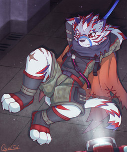 anthro bdsm bottomwear bound captured clothing fur male muzzle_(object) muzzled red_body red_fur shorts shortstack solo white_body white_fur quill-tail lifewonders live_a_hero kalaski felid mammal pantherine tiger 5:6 absurd_res hi_res