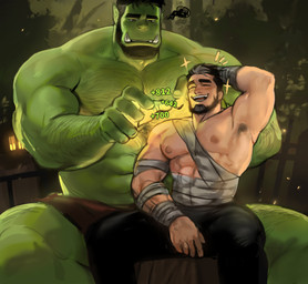 abs bandage beard black_hair duo facial_hair fangs green_body green_skin hair humanoid_pointy_ears male muscular muscular_humanoid muscular_male nipples pecs pointy_ears size_difference teeth dopq human humanoid mammal orc absurd_res hi_res